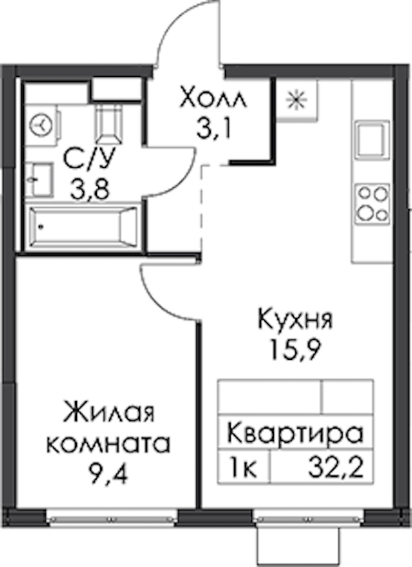 1-комнатная квартира 32.2 м², 2/24 эт., ЖК «Заречный парк»